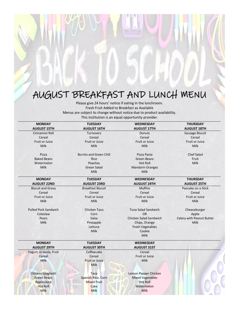 August 2022 Breakfast and Lunch Menu
